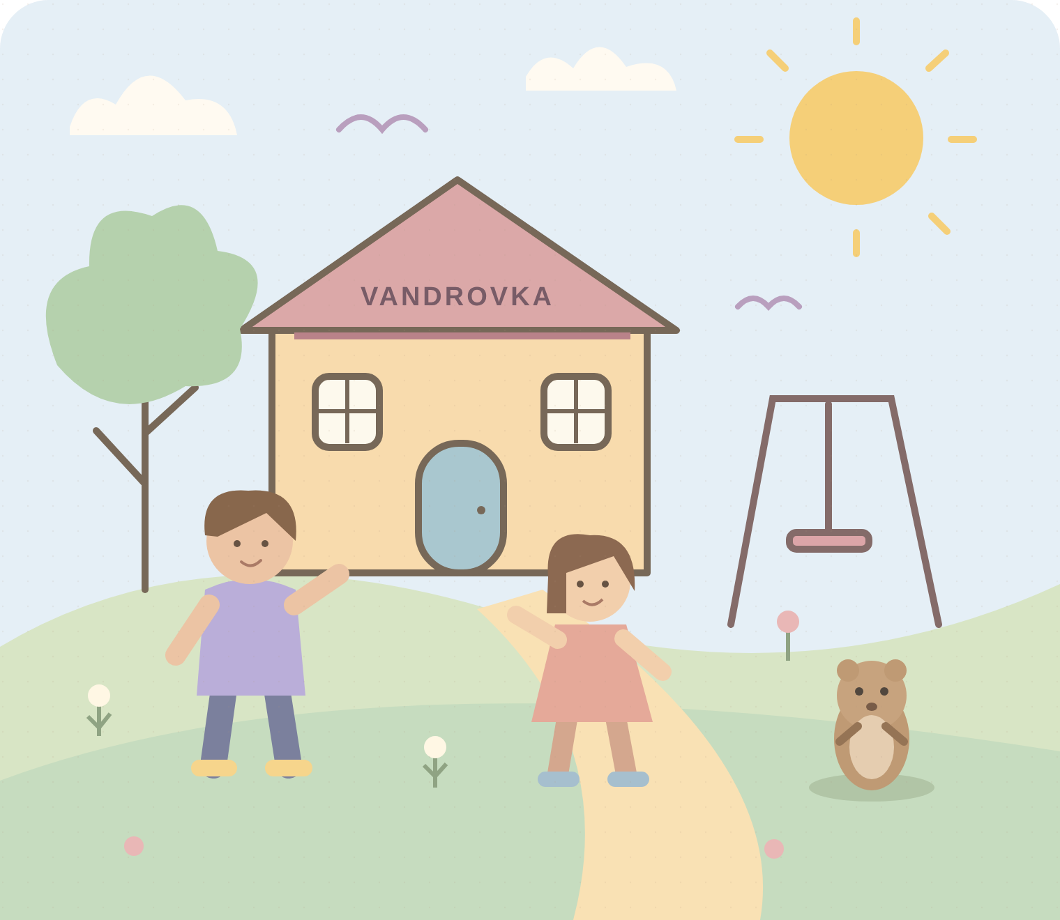 Pastelová ilustrace školky, hrajících si dětí a malého sysla